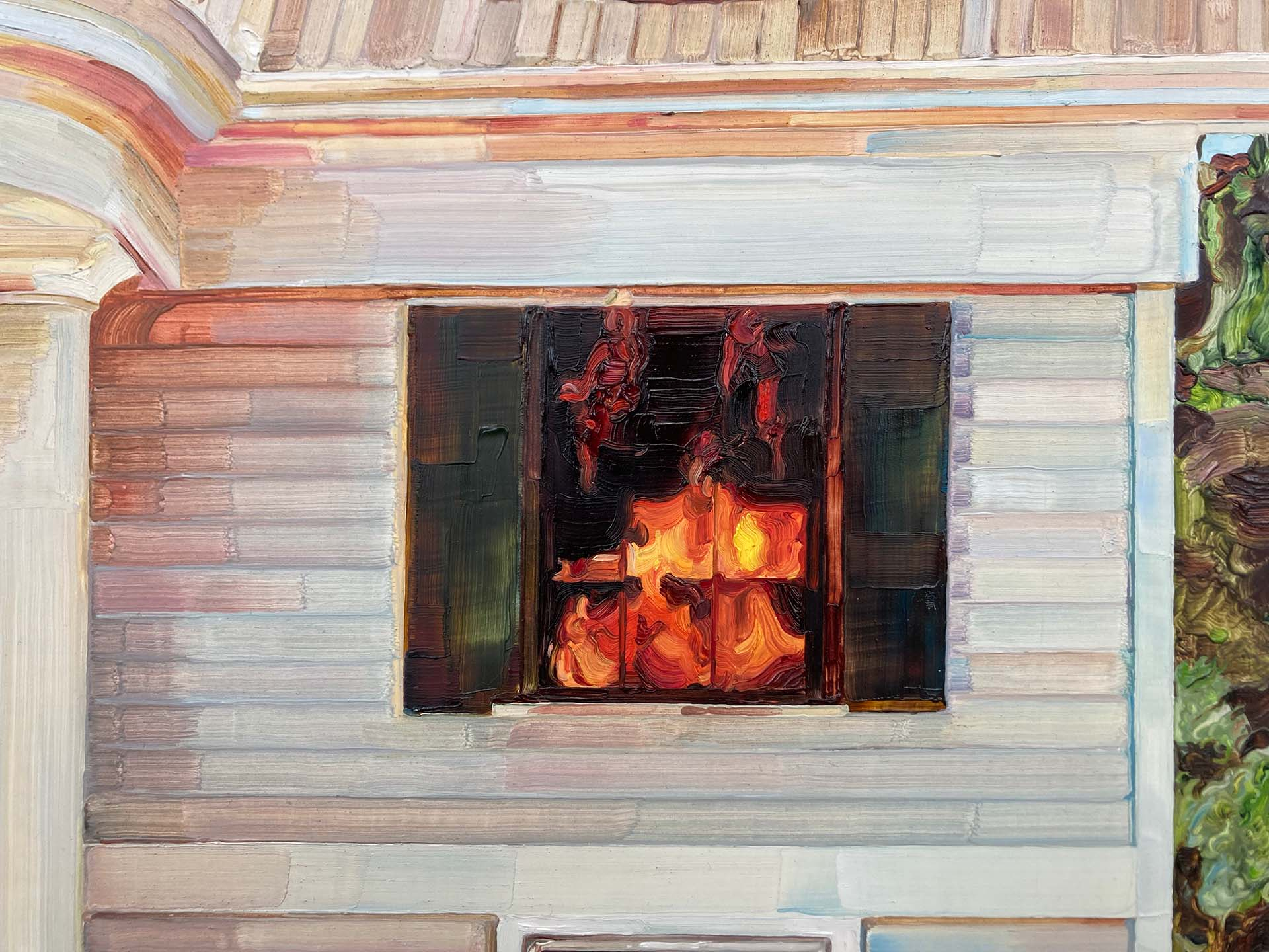 a detail of a painting showing a fire in a window