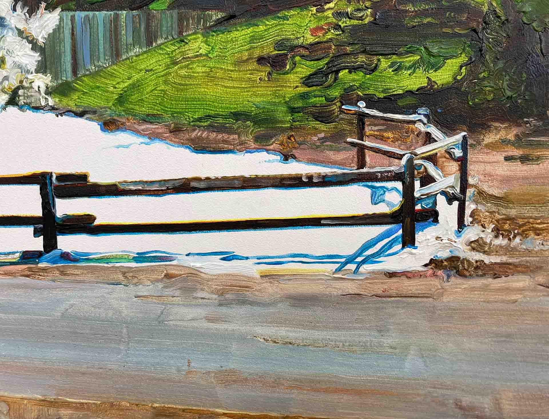 Detail of an oil painting showing a fence casting blue shadows on snow