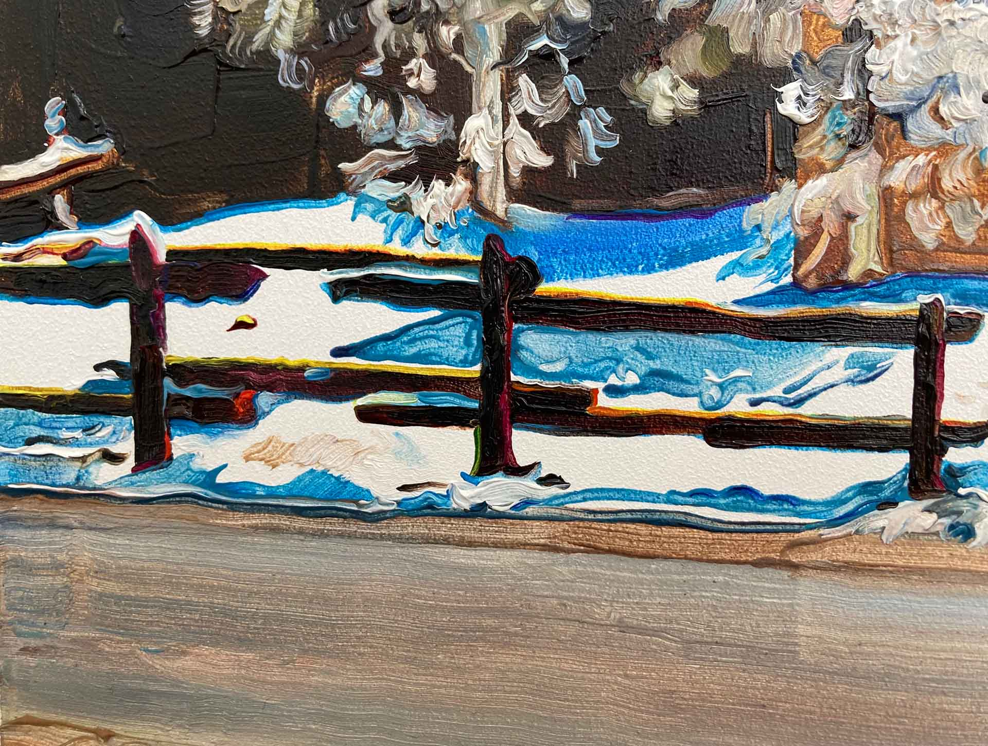 A detail of a painting showing blank panel for snow, and blue shadows