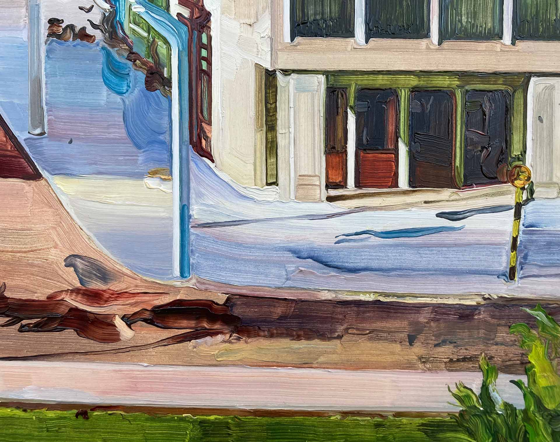 Detail of a painting showing a pavement and a dark patch of road