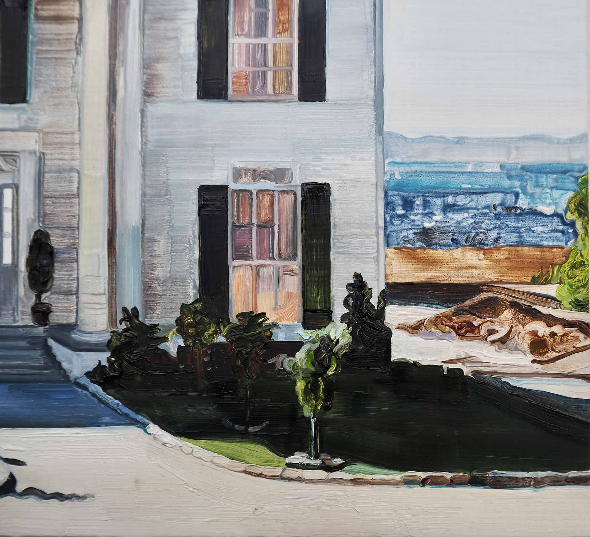 Detail of a painting showing a blue horizon line and pink sunlight reflected in a houses's windows