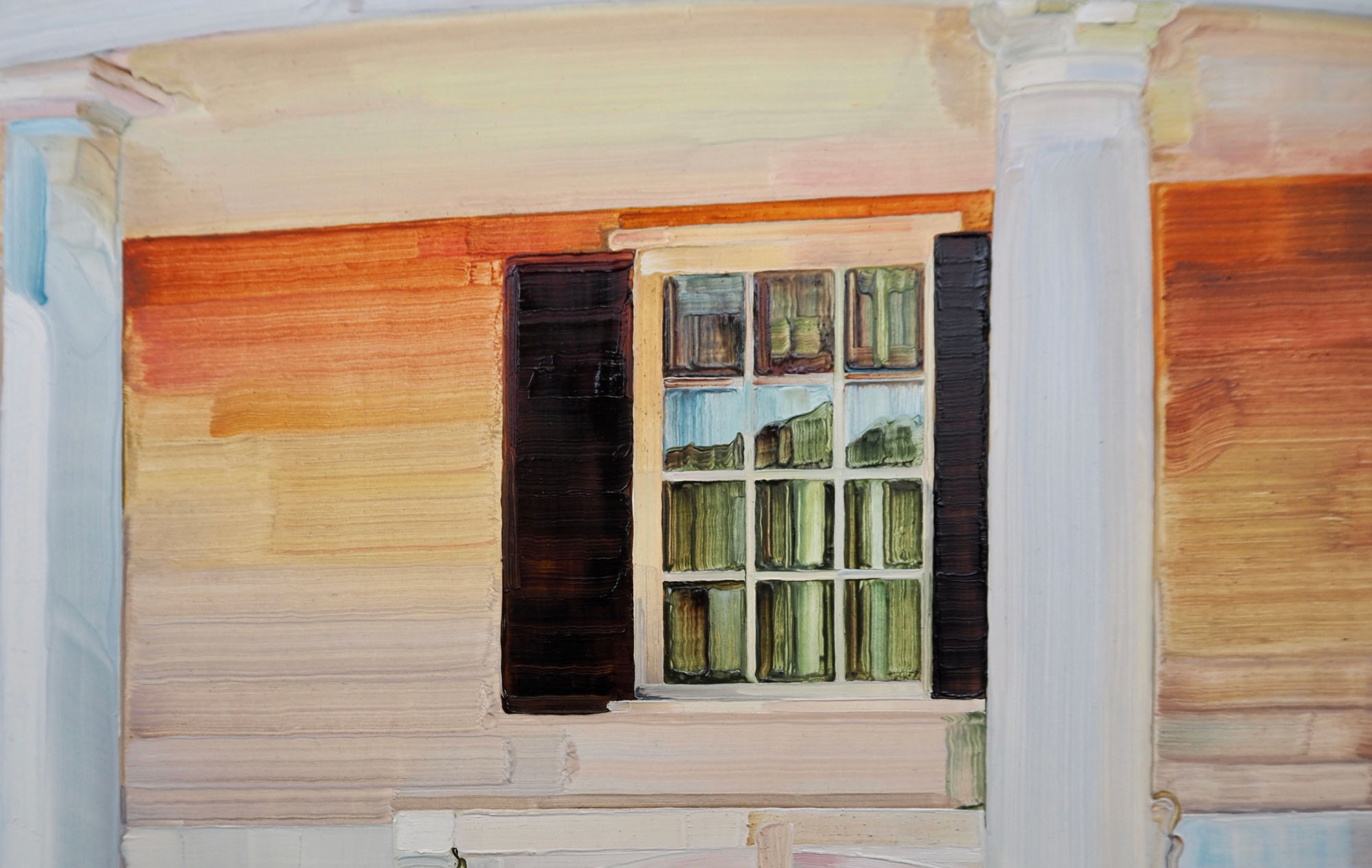 Detail of a painting of the sky reflected in a window