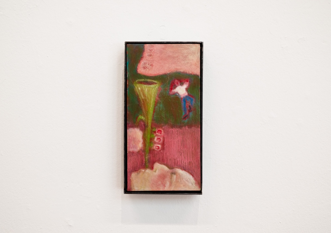 (Graduate Show Installation View) 'The Proclamation Of The Feast', Oil Paint on Calico & Steel Frame, 15cm x 30cm, 2025, Alex Howey