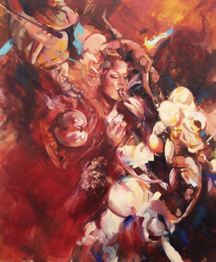 Red and cream abstract swirls and figures go in a diagonal composition