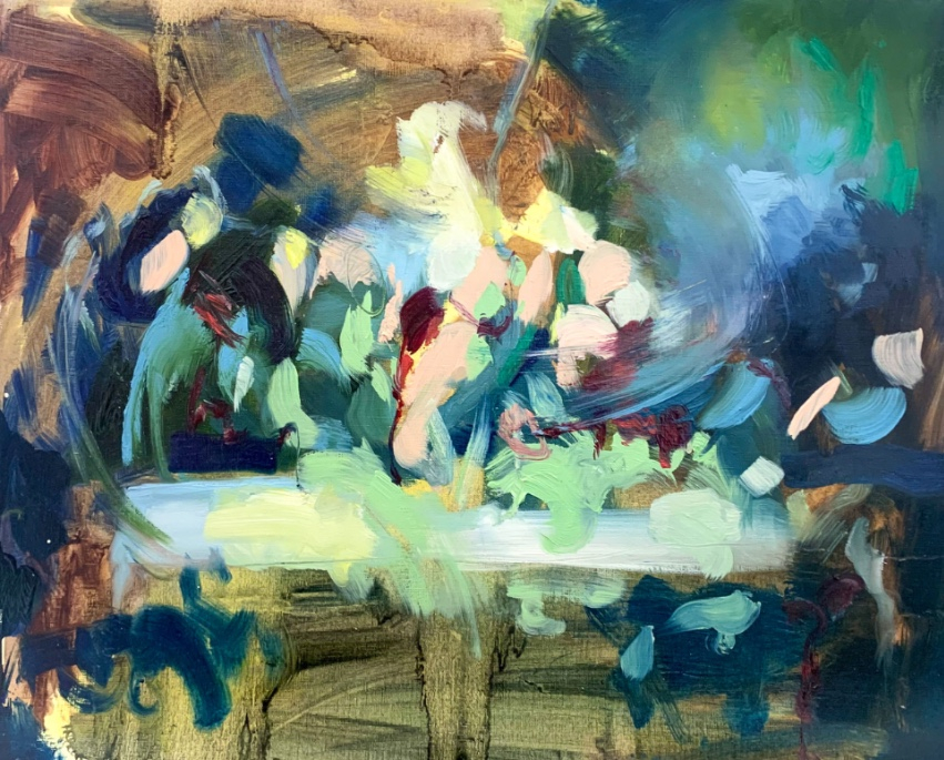 Blue, green, brown and pink abstract brush strokes