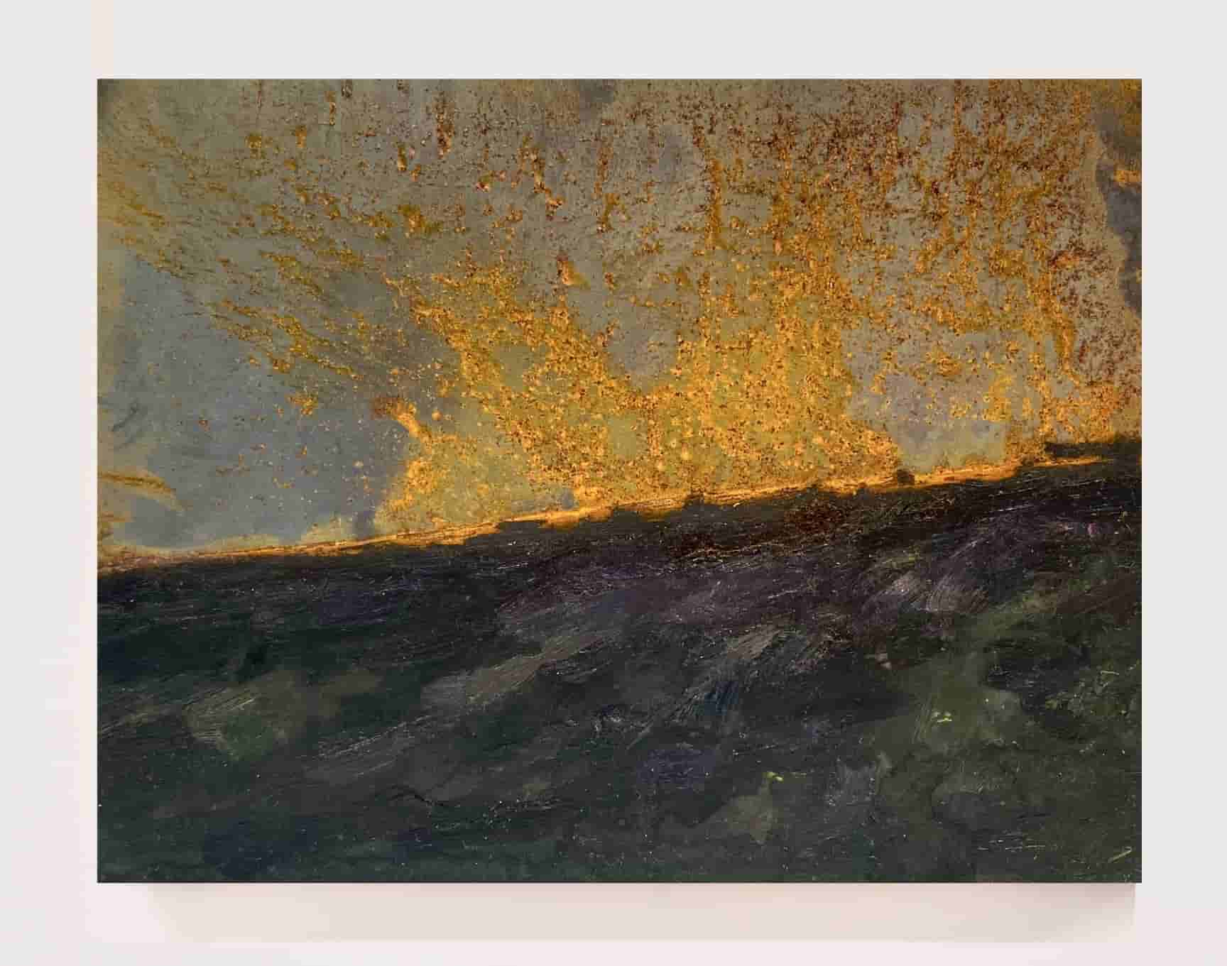 Heather Burning, oil and rust on steel, 15cm x 20cm
