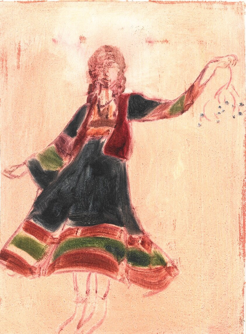 Sketch of woman in a dress, spinning, holding elder berries