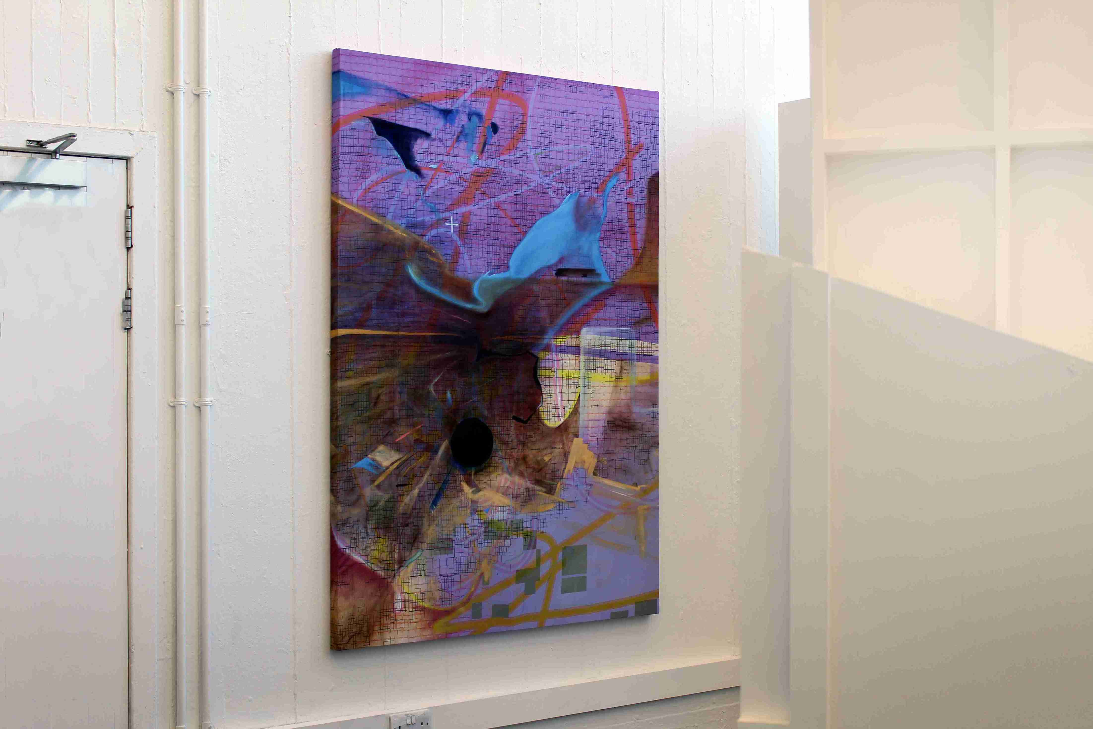 Large purple, blue, black, painting in a gallery space. Large architectural wall in the foreground view
