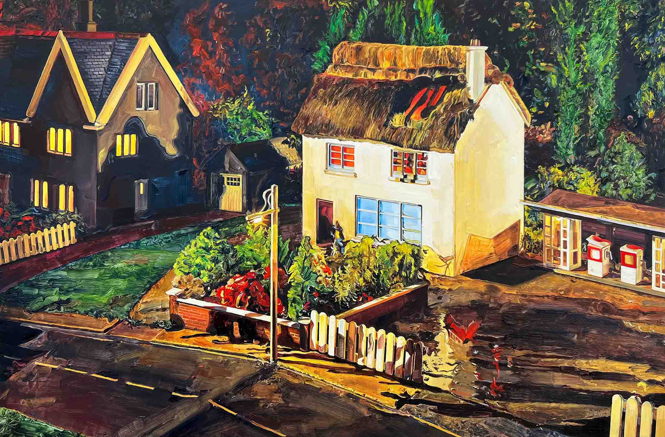 A painting of a model village at night, where a thatched cottage is burning, illuminated by a streetlamp