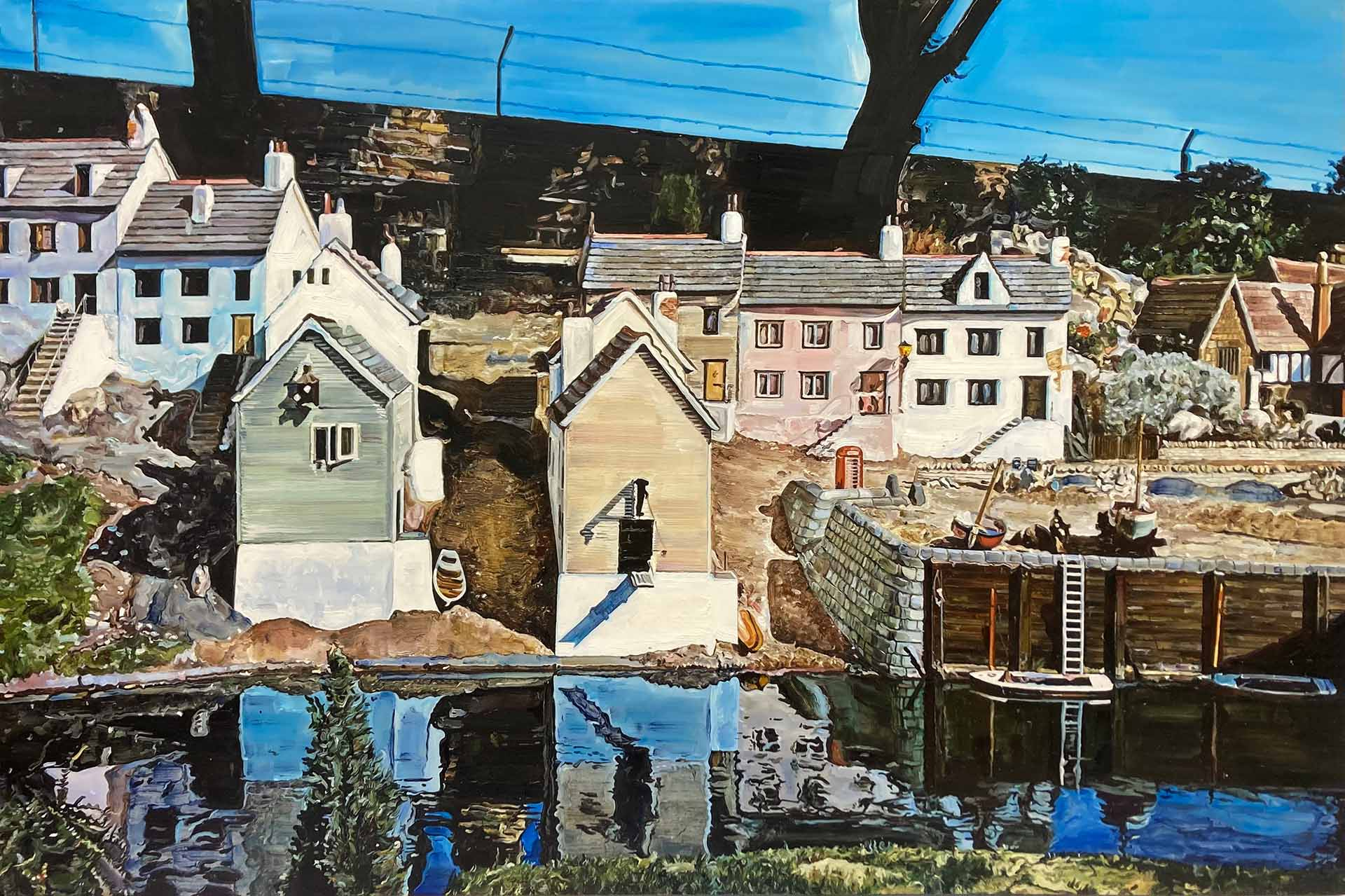 A painting of a model village overlooking a dark river, with high wall in the background