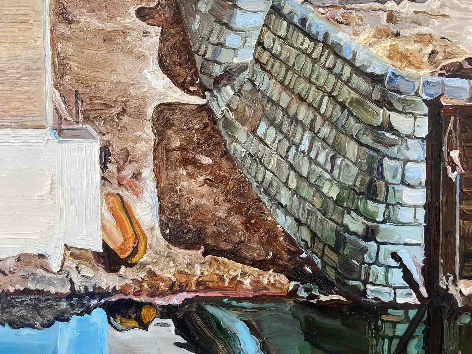Detail of a painting showing a blue wall, and a path that runs down to a river