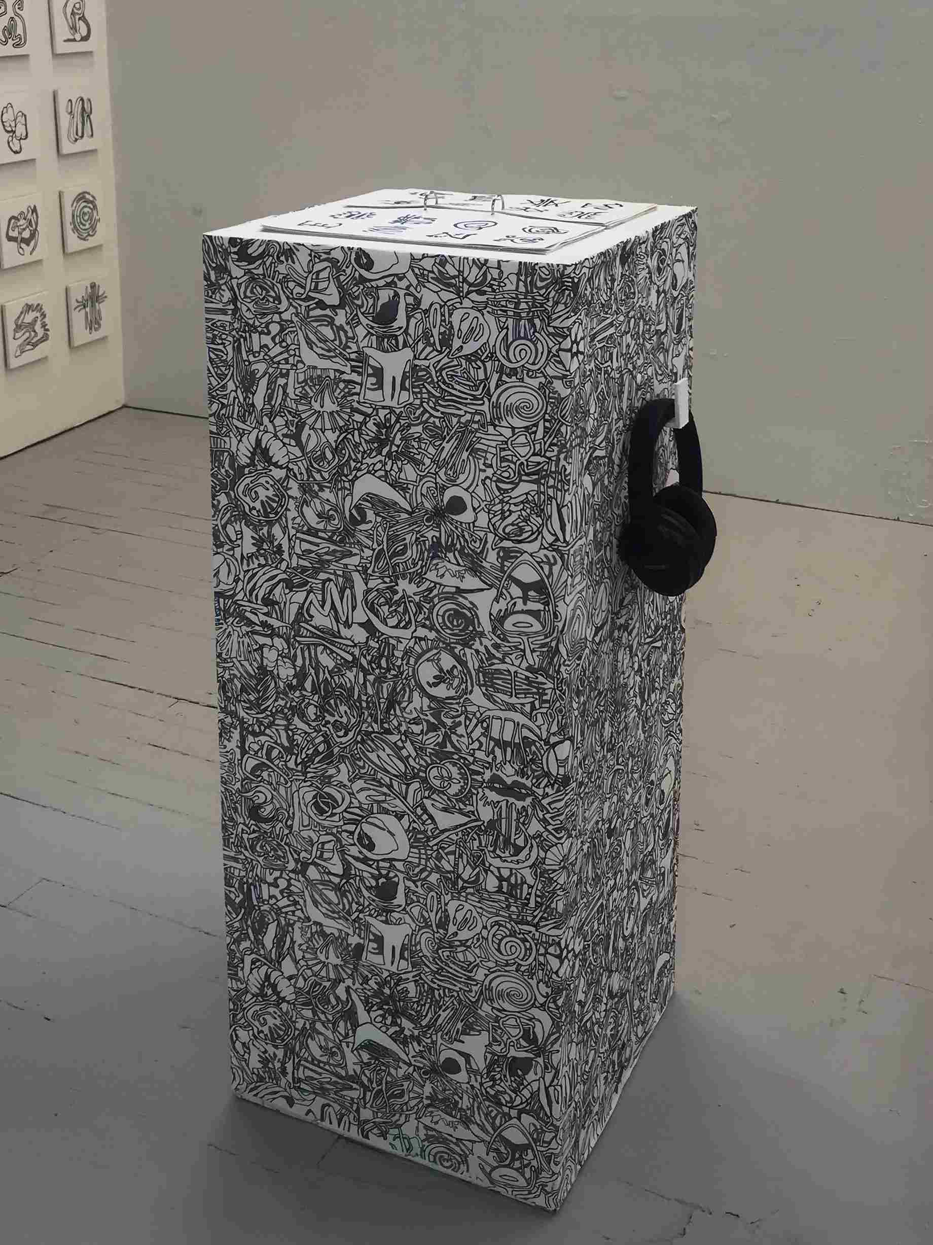 Aftoglyphs Installation, digital fabric print, 200cm x 110cm, ink on canvas, 11 x 30cm x 30cm, audio, 7 minutes 34 seconds duration