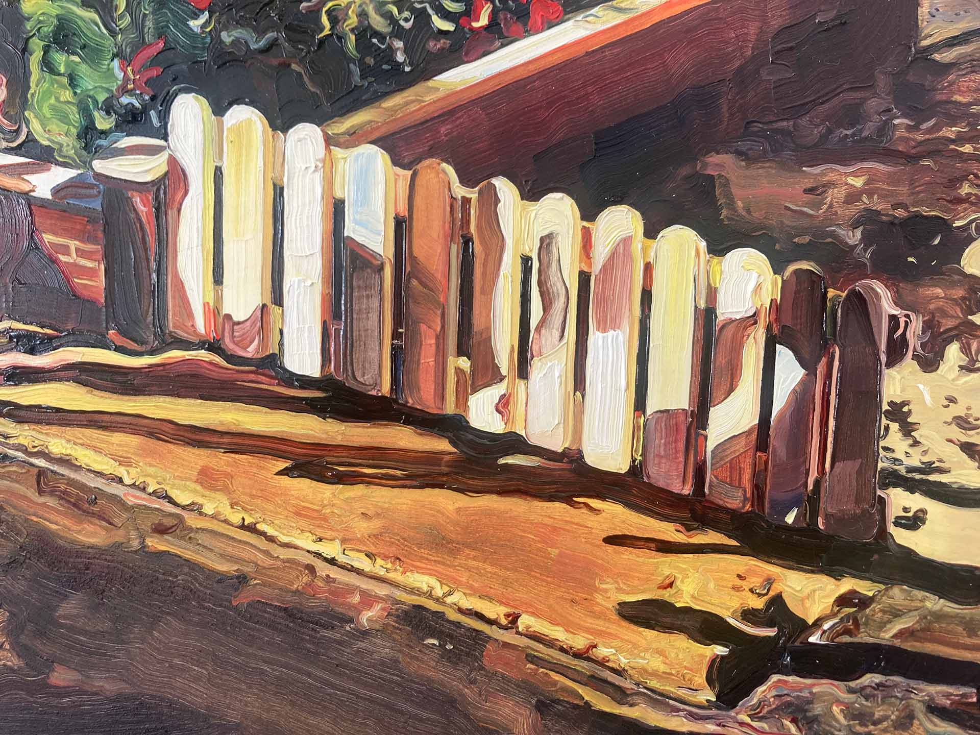 Detail of a painting showing long shadows cast over a pavement and picket fence