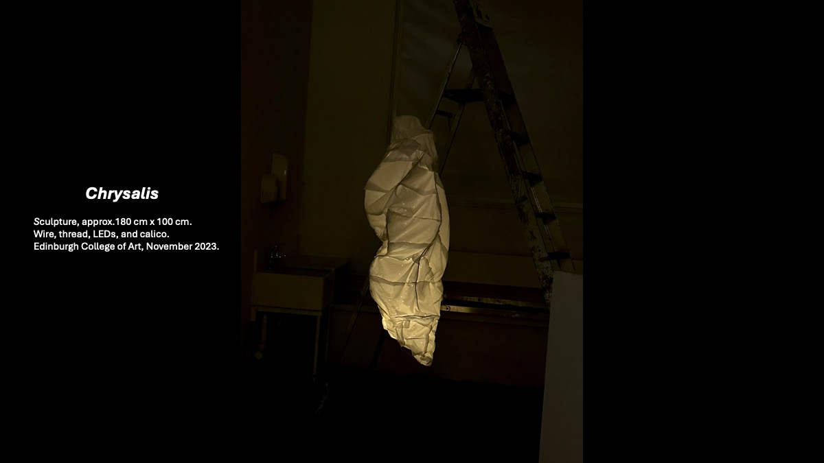 Illuminated sculpture of a butterfly's chysalis, human-sized