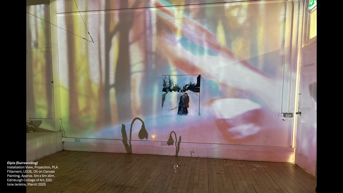 Projections of a forest and refracting light, over paintings. Sculptures of snowdrops casting shadows on the wall