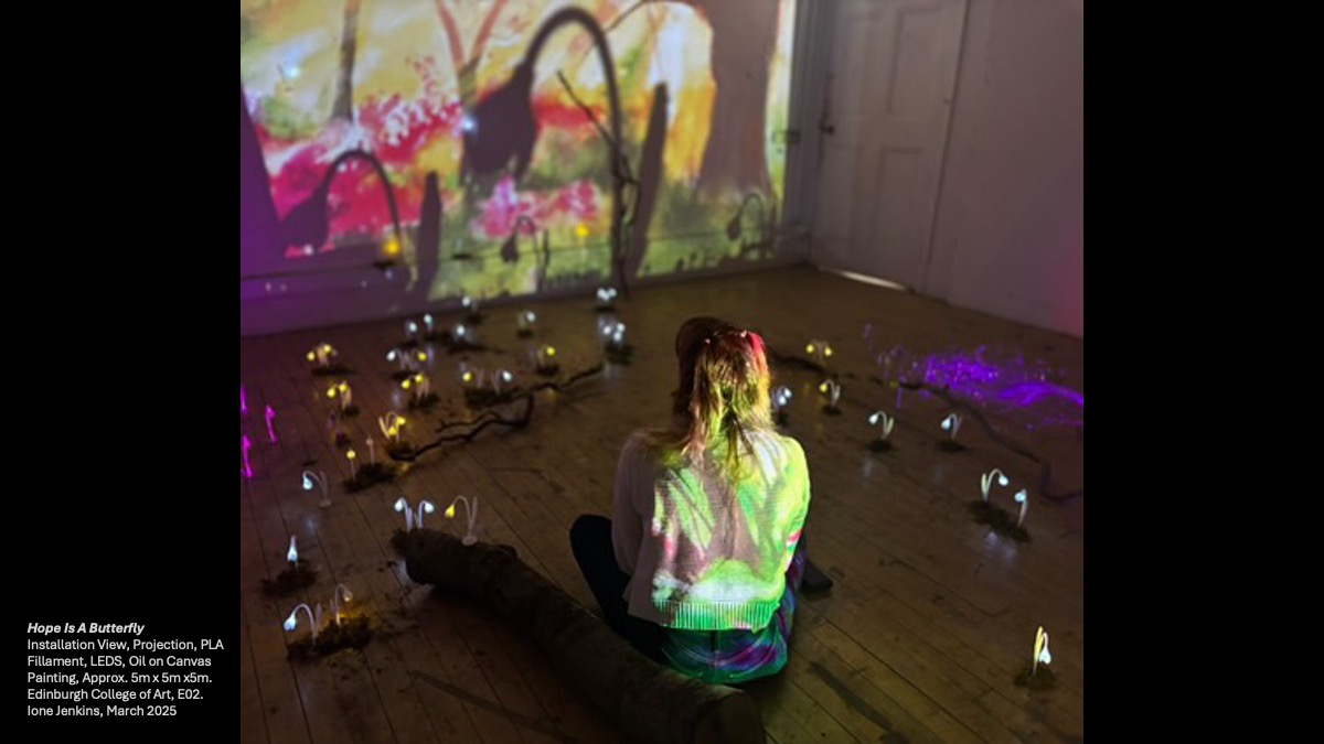 Projections of a forest and refracting light, over paintings. Sculptures of snowdrops casting shadows on the wall