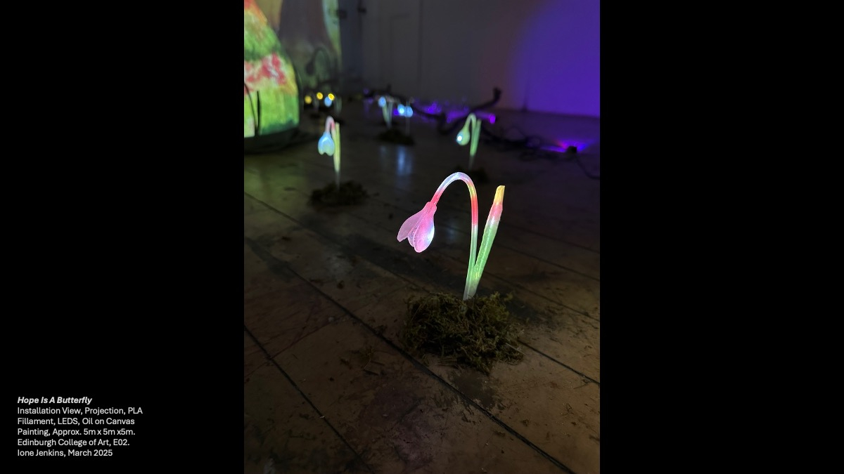 Projections of a forest and refracting light, over paintings. Sculptures of snowdrops casting shadows on the wall