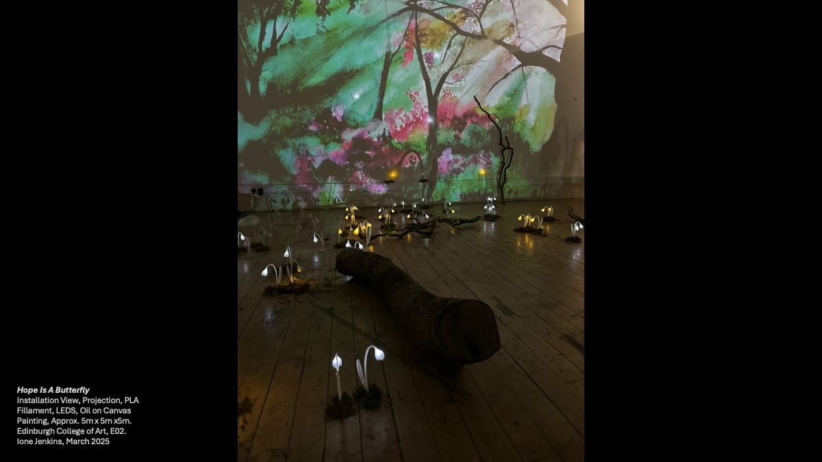 Projections of a forest and refracting light, over paintings. Sculptures of snowdrops casting shadows on the wall