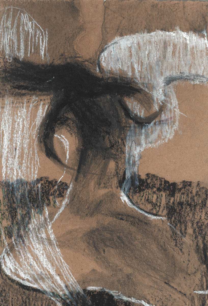 Girl with long hair spinning in abstract natural landscape 