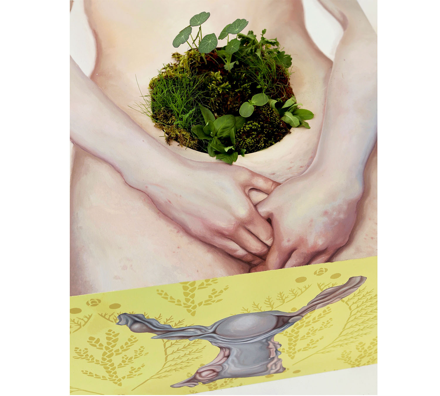 A detail shot of a box-like artwork showing the top of the "box" with a human torso painted on it and living plants growing out of a round whole in the middle. 