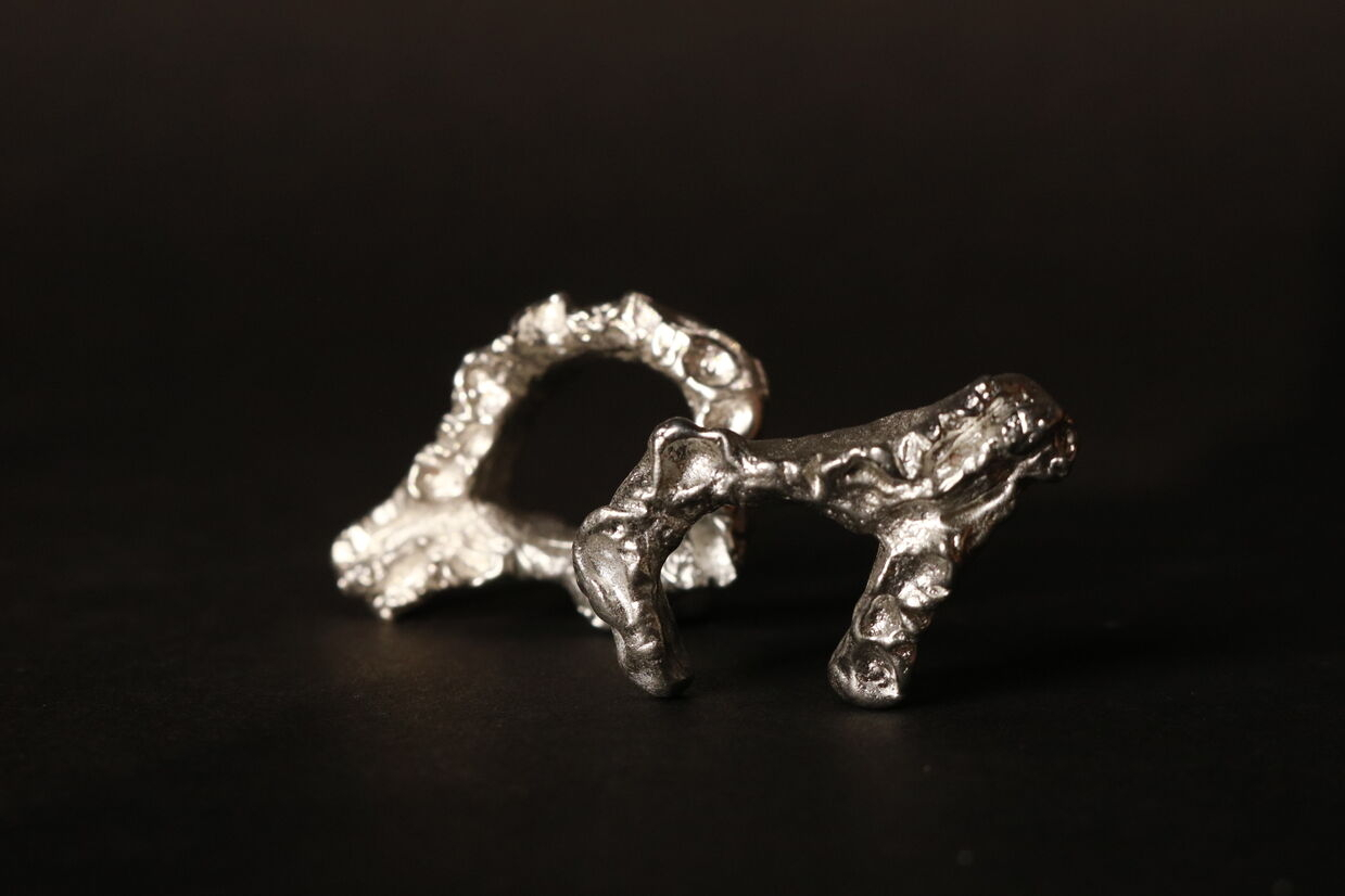 Two pewter vulva rings, showing metal colour variety between silver and black.