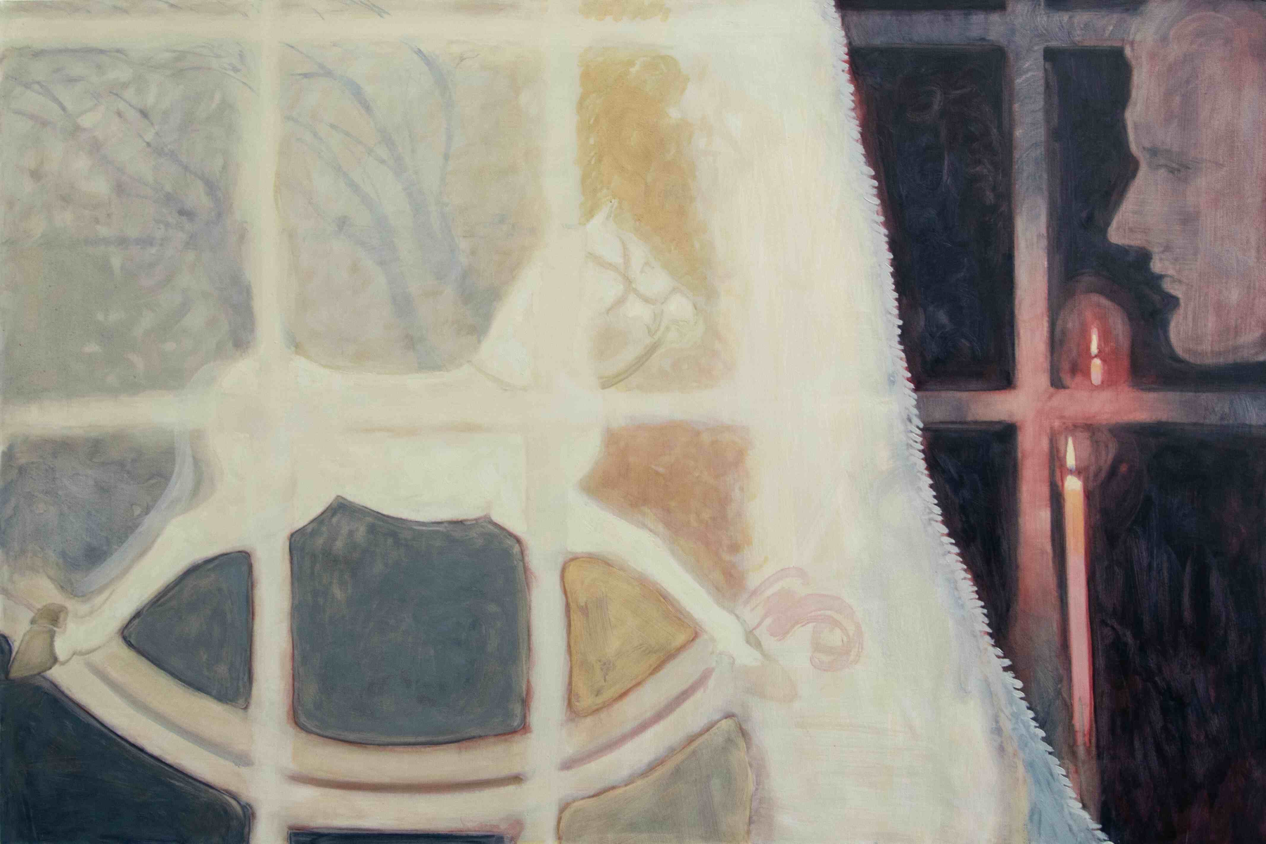 Oil painting, neutral tones, rocking horse behind window frame with trees reflected and man in candlelight.