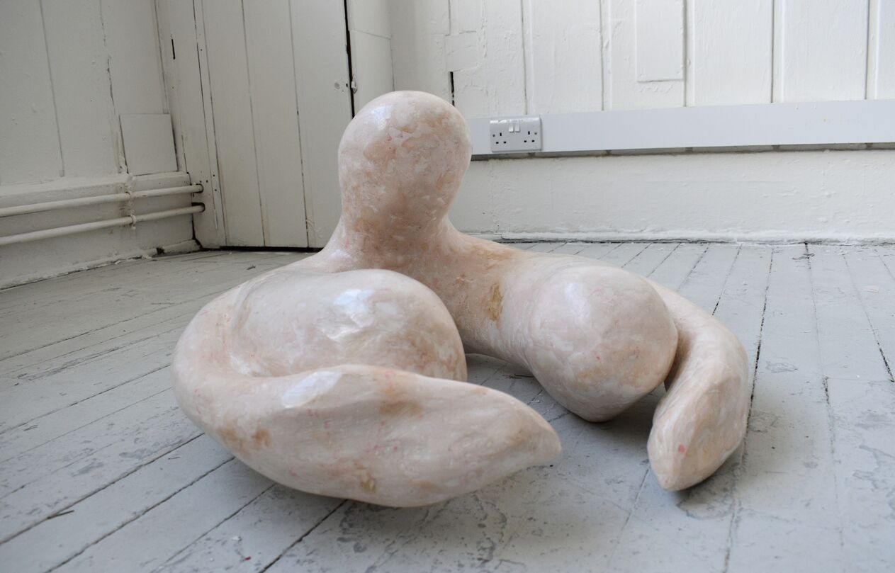 Big Clitoris Sculpture in Scagliola pink and white marble reproduction.