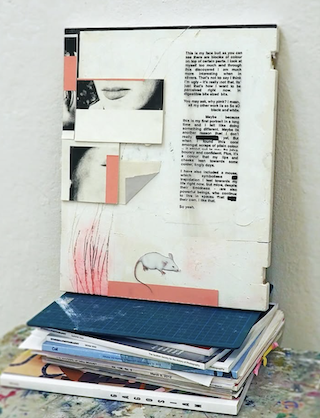 Wood with collage pasted on surface