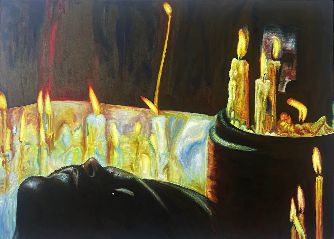 Painting of man laying around many candles