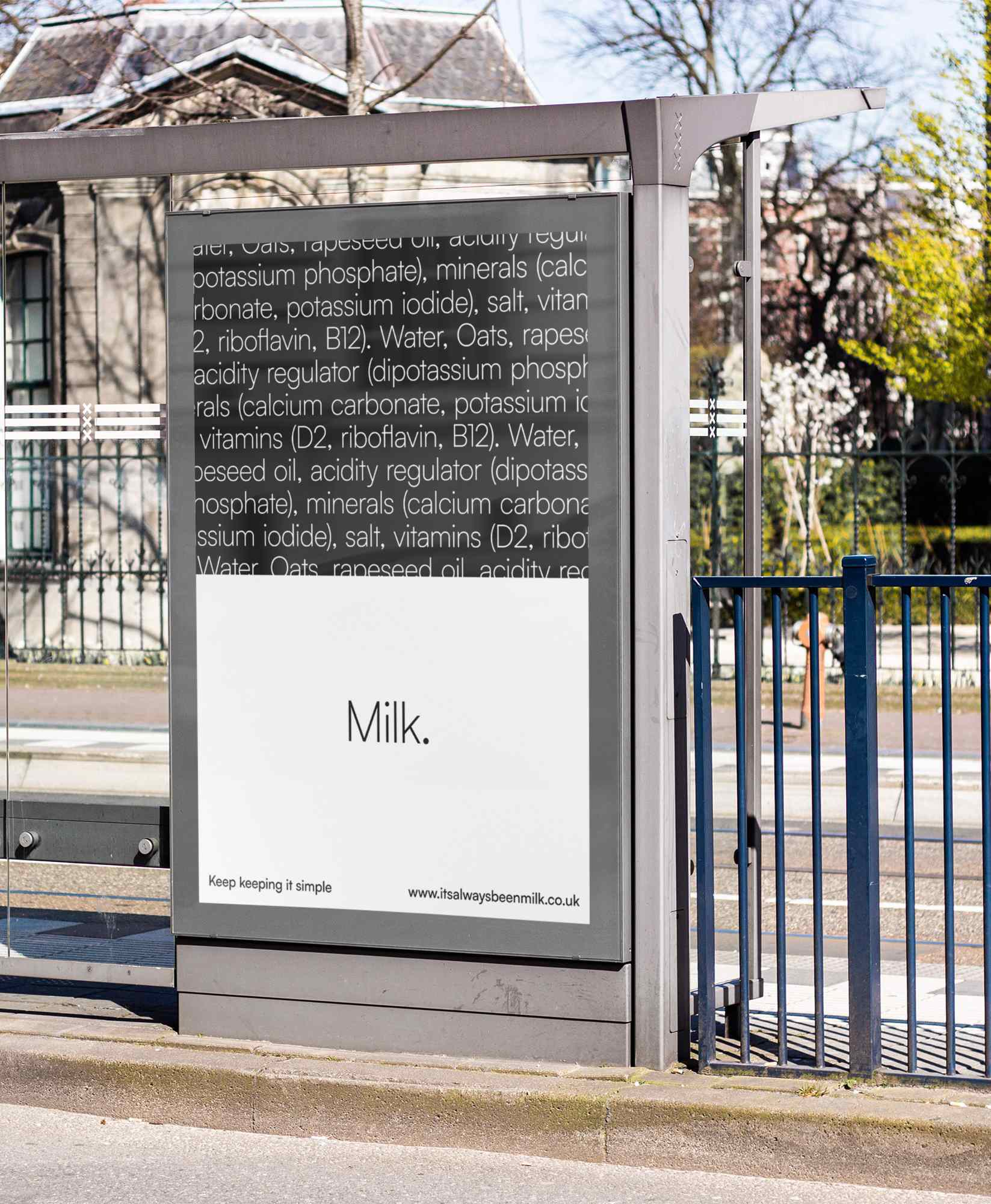 Image of poster mock  up which shows black and white poster contrasting the long list of ingredients of alternative milks to the one ingredient of Dairy Milk. 