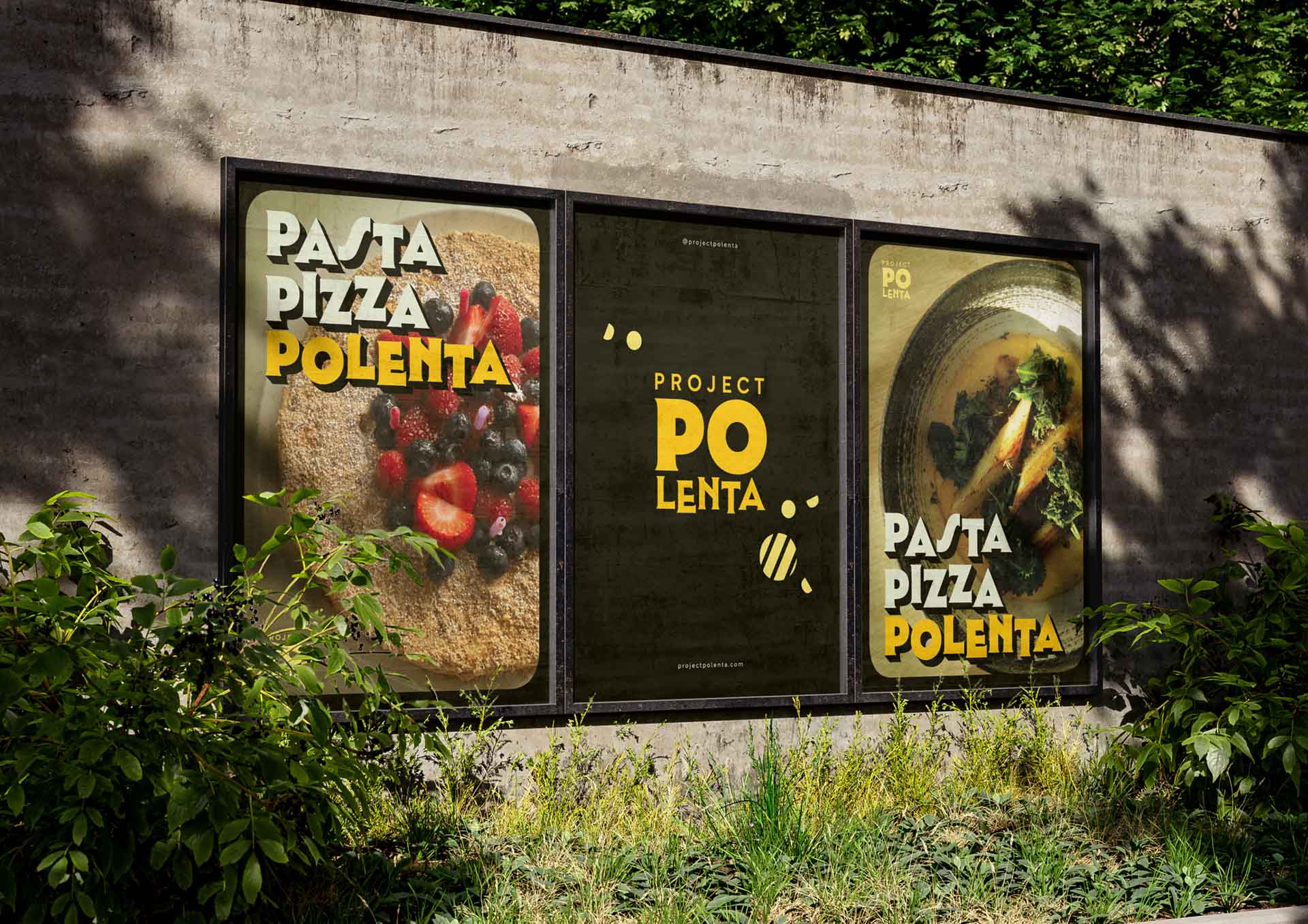 Posters showcasing different ways you can use polenta - one has a savoury meal and one has a cake. The slogan says 'Pasta Pizza Polenta' in a vintage font with a bold black shadow.