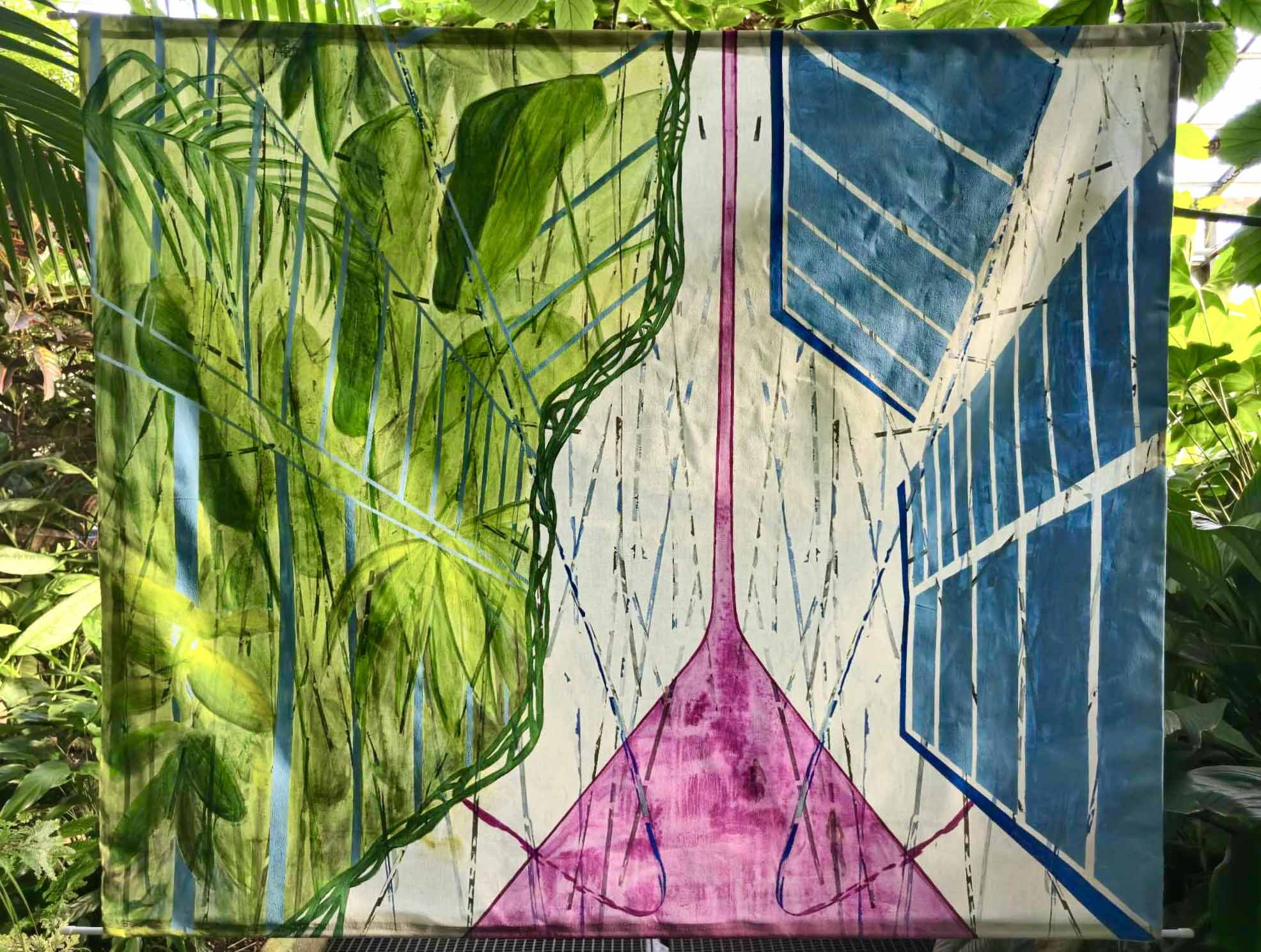 An unstretched painting in a botanical setting. The painting features tropical plants on the left side and blue panelling on the right side. A bright pink pathway splits the two sections apart.