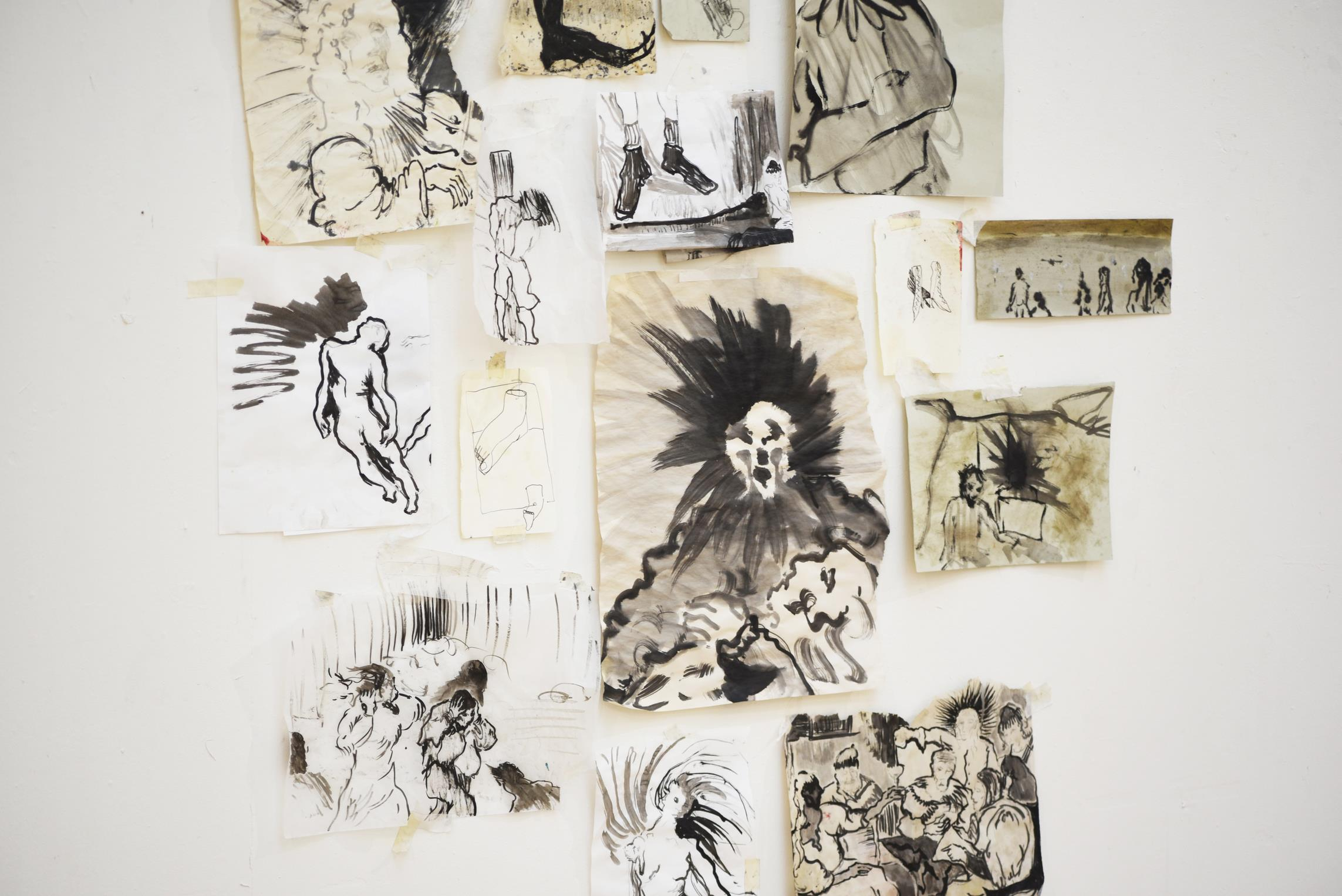 Closeup of Installation of Series of Sketches, Charcoal, ink and pencil on paper, 126cm x 90cm (approx.), 2024-5, Image: Alex Howey