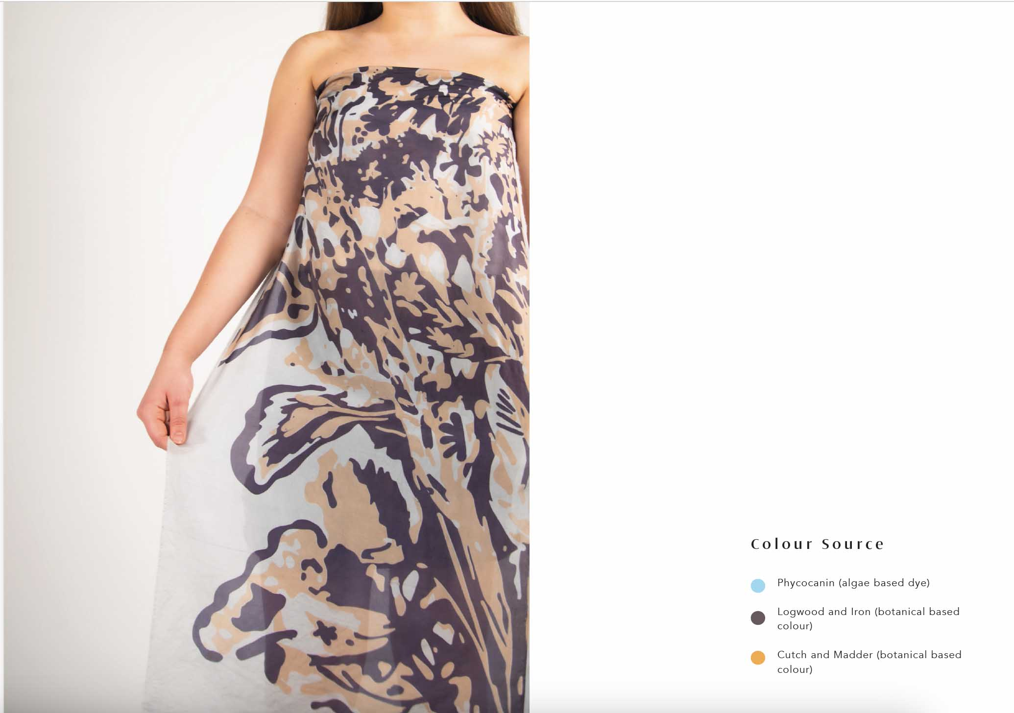 Dye source code and image of floral placement print as dress