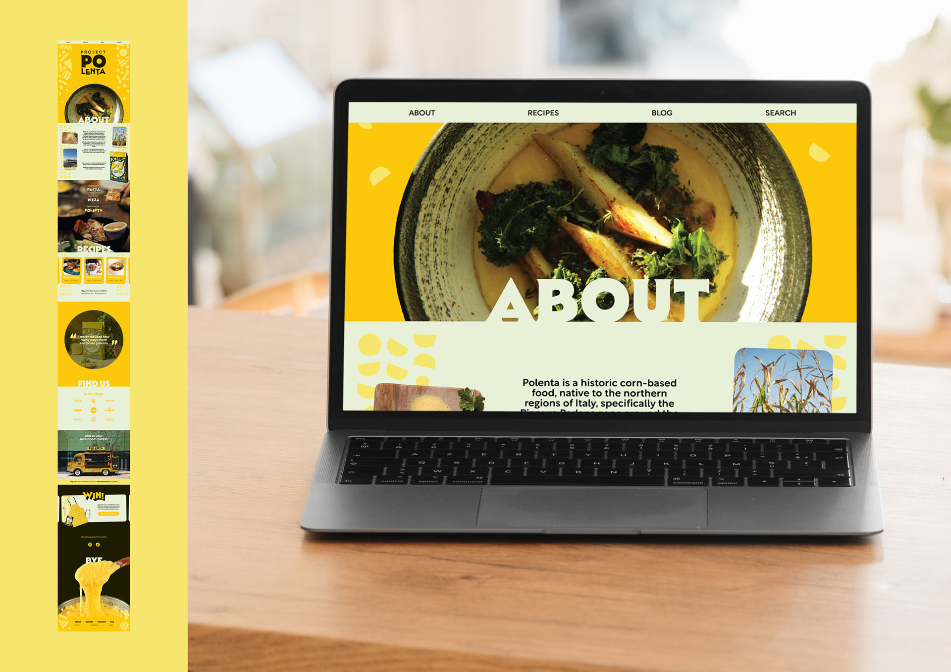 Project Polenta website 'About Page' - white bold vintage text over a large round photograph of a polenta based meal.
