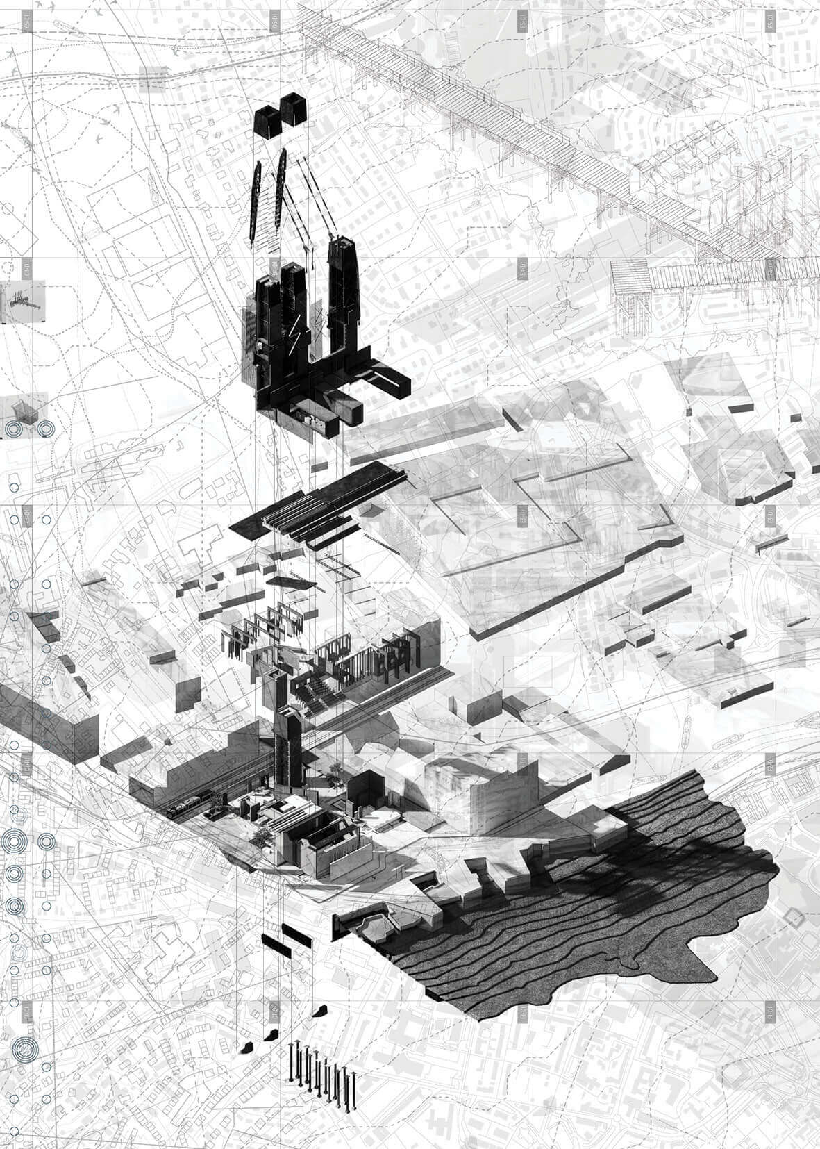 Exploded axonometric revealing the layered integration of data infrastructure, public program, and urban landscape - mapping how technological systems can be restructured to serve spatial, civic, and ecological functions.