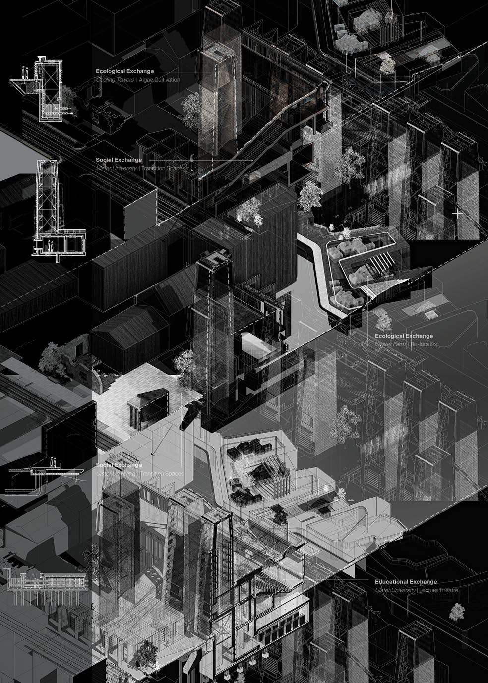 Axonometric composite illustrating how reconditioned data infrastructure can host layered programs of ecological, social, and educational exchange—positioning architecture as a civic mediator within Derry/Londonderry’s post-industrial landscape.