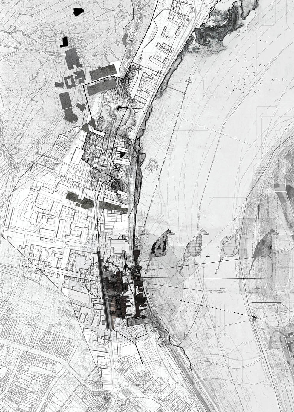 Composite site map situating the project within the fractured geography of Derry/Londonderry. The drawing traces infrastructural edges, topographic shifts, and post-industrial remnants to frame a new spatial logic for data, landscape, and civic reoccupation.