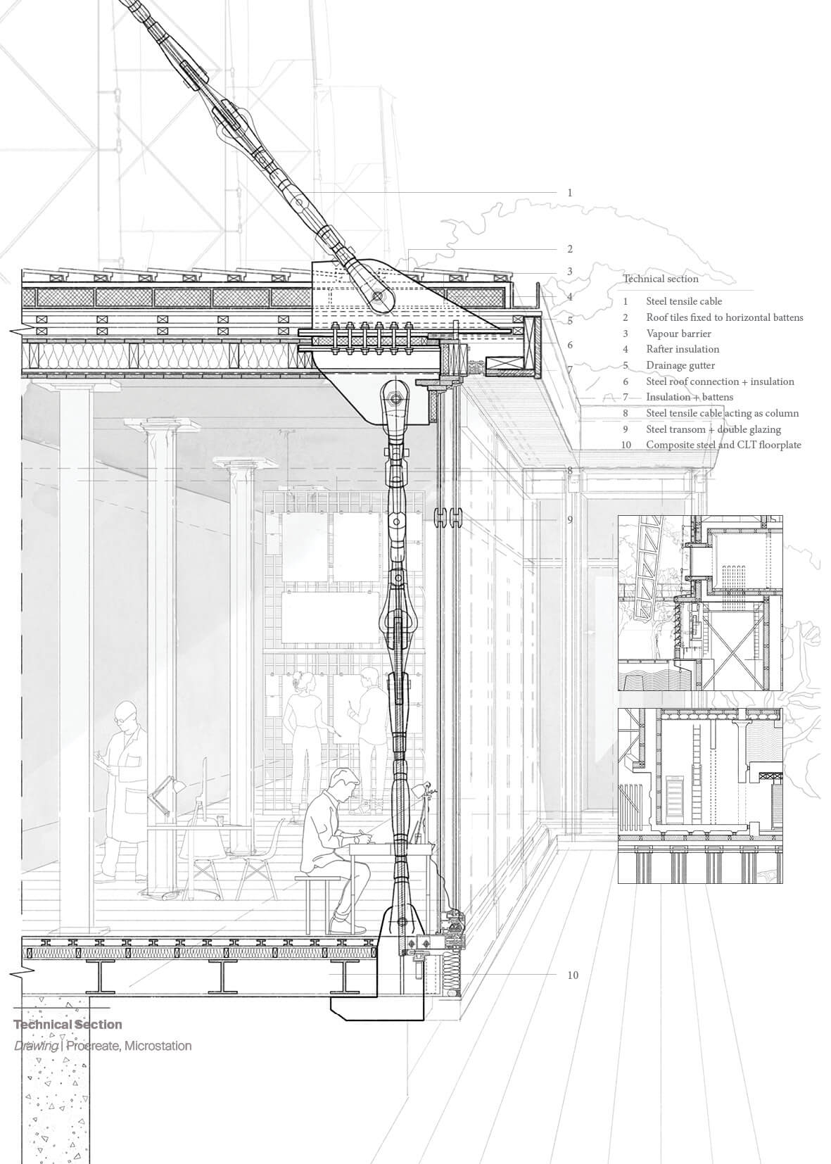 Detailed technical section drawing illustrating a tensile structural system. The composition highlights a steel cable column supporting a roof with layered build-up including insulation, vapour barrier, and drainage. A composite CLT and steel floorplate connects to a glazed façade with a steel transom. Background context shows human figures within an interior workspace, emphasizing scale and spatial intent. Annotated components identify key construction elements and material junctions.
