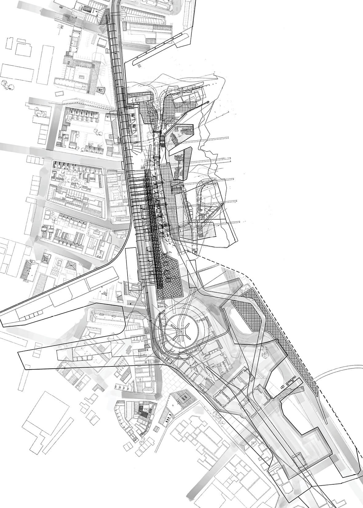 Hand-drawn conceptual site plan showing a masterplan and tidal energy system linking Strand Road and the Foyle Embankment.