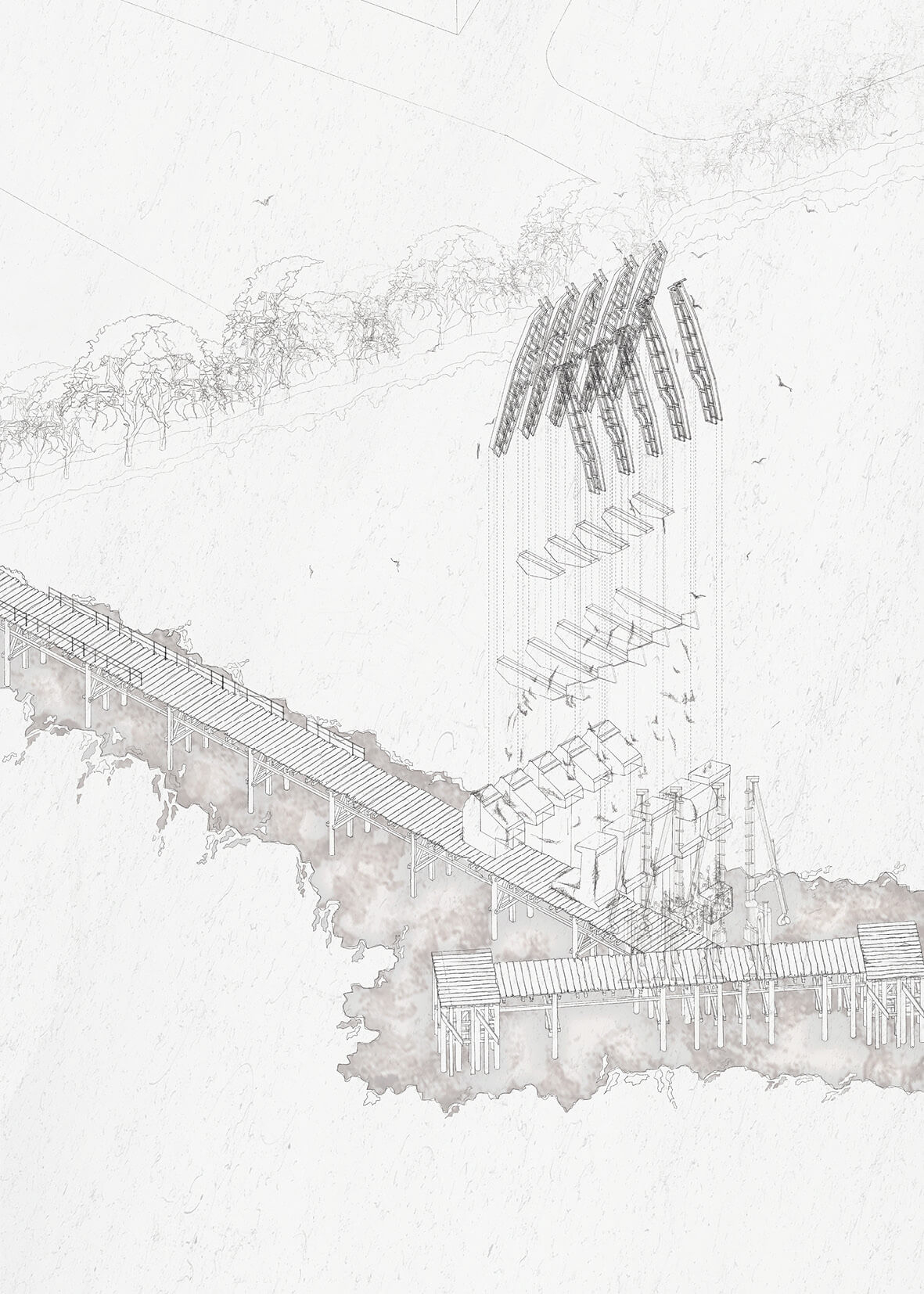 Exploded axonometric drawing of a linear timber infrastructure situated within a marshy or intertidal landscape. The image shows a pier-like walkway extending across waterlogged ground, with modular structures suspended in layers above. Delicate linework, trees, and soft washes of colour emphasize ecological sensitivity and phased construction, suggesting a lightweight, adaptable intervention.