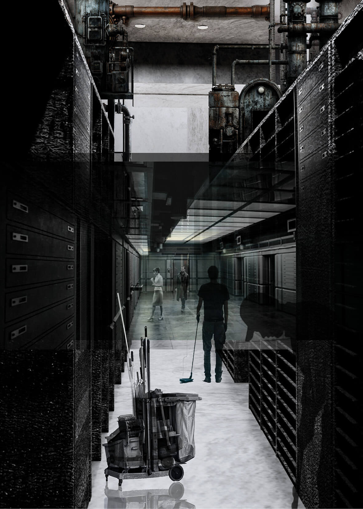 Digital collage of a dark, industrial data centre lined with vault-like data storage drawers, overlaid with silhouettes and cleaning equipment. Above, rusted machinery and exposed pipes suggest infrastructural intensity. The layered composition explores themes of agency, surveillance, and the human presence within digital infrastructure.