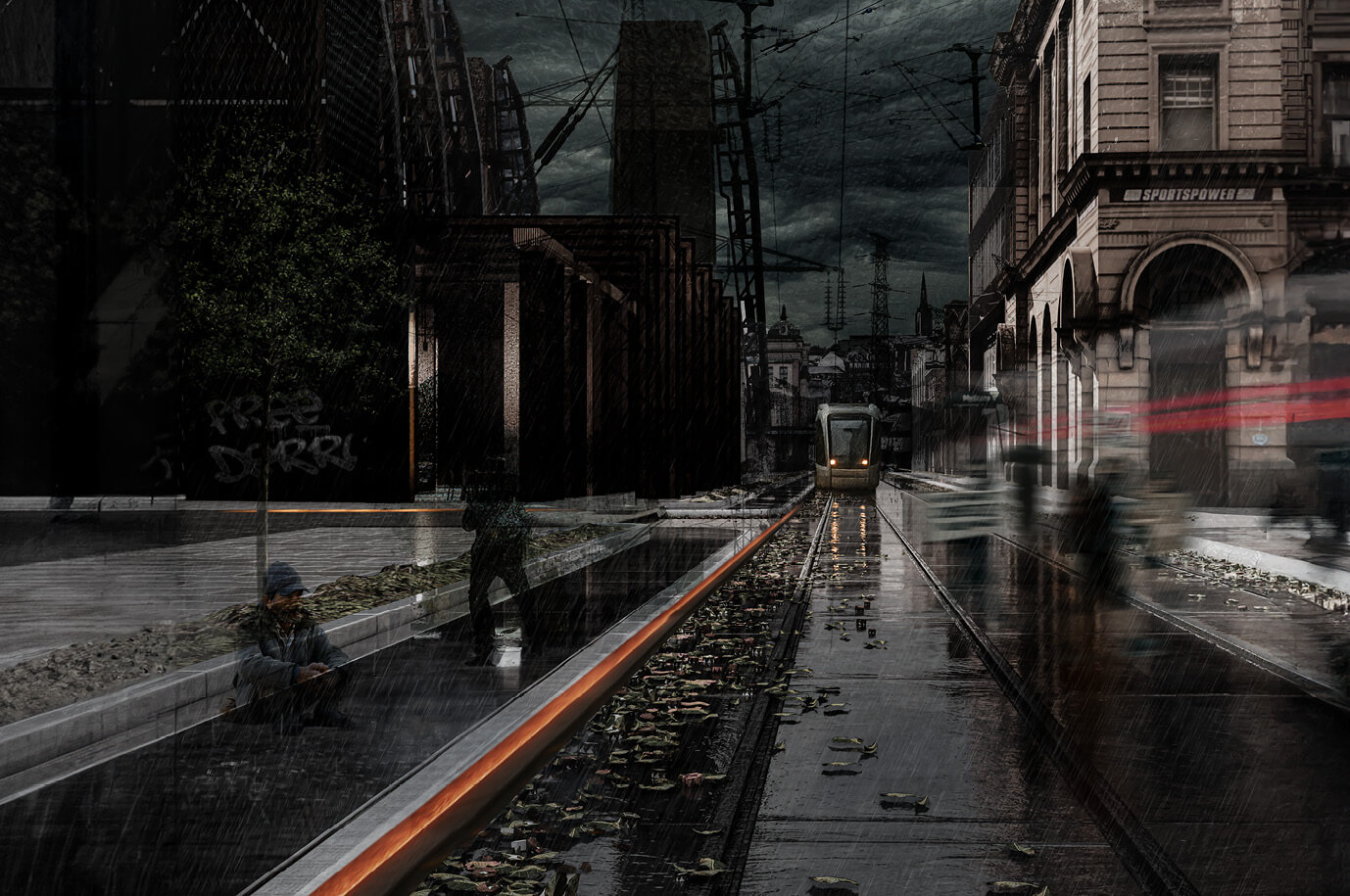 Rendered street-level scene showing a rainy urban environment with tram lines running through the centre. A tram approaches in the distance, framed by the Heat Sink. People walk blurred by motion; one sits on a pavement filled with debris and leaves. The architecture blends existing façades with new data infrastructure.