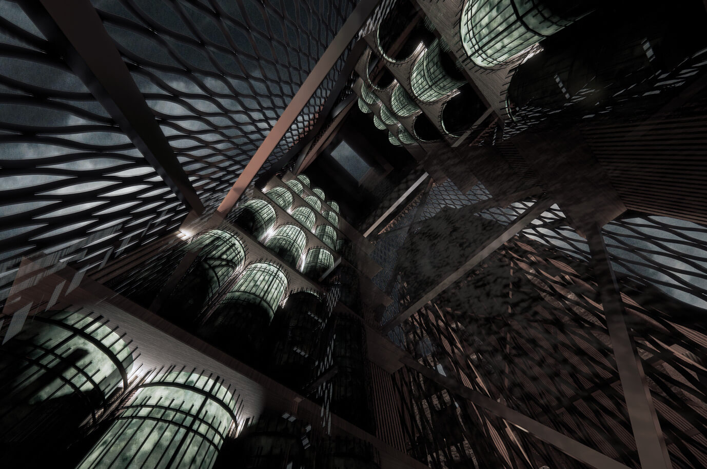 Internal perspective render of cooling tower and algae culturing space storage units looking upwards.