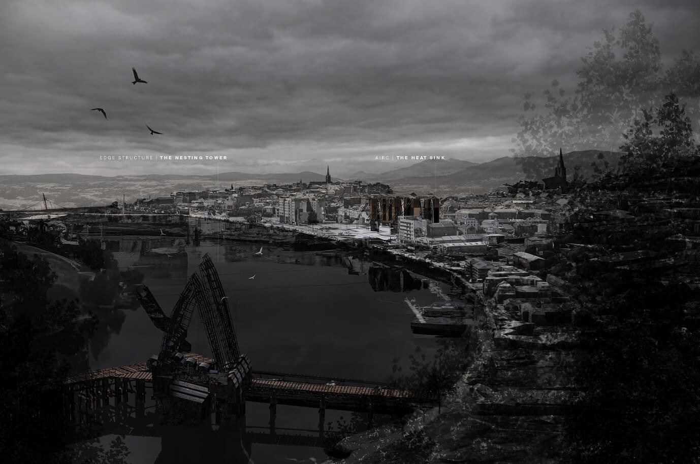 A wide-angle photomontage showing a speculative architectural intervention within the cityscape of Derry/Londonderry, viewed across the River Foyle under a moody, overcast sky. In the foreground, a large, scaffolded industrial structure called “The Nesting Tower” sits on a repurposed dock. Across the river, a cluster of cylindrical, copper-toned volumes labelled “The Heat Sink” emerge from the urban fabric, suggesting reactivated infrastructure embedded within the city.
