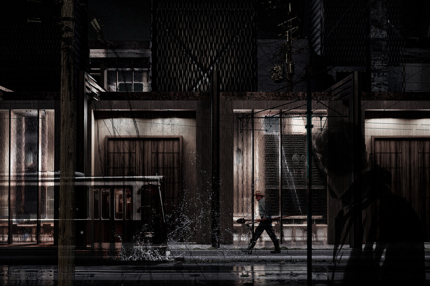 The scene shows a nighttime urban street with a tram partially visible on the left, a figure with a shovel walking through a splash of water in the center, and another figure faintly seen in shadow on the right. The architecture features timber cladding, corrugated textures, and industrial detailing with overhead wiring.