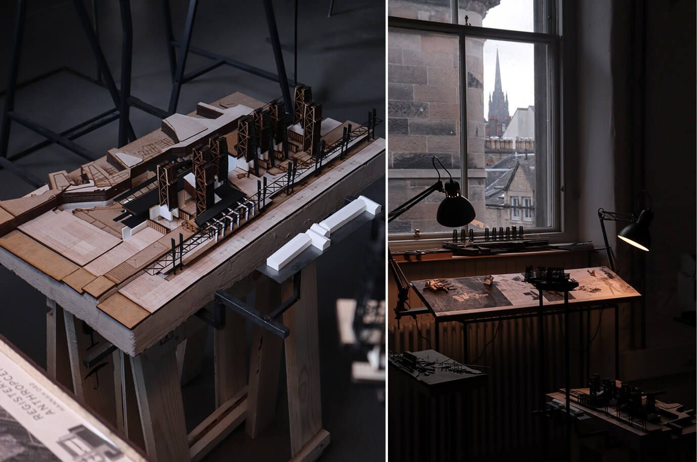 Left: A detailed architectural site model constructed from layered timber, card, and metal, showing an infrastructural intervention with vertical tower elements, gantry-like structures, and integrated groundworks. Right: A warmly lit studio workspace with architectural models and drawings on angled desks beneath large windows, with Edinburgh’s gothic spire visible in the background. The setting evokes design focus, material craft, and contemplative process.