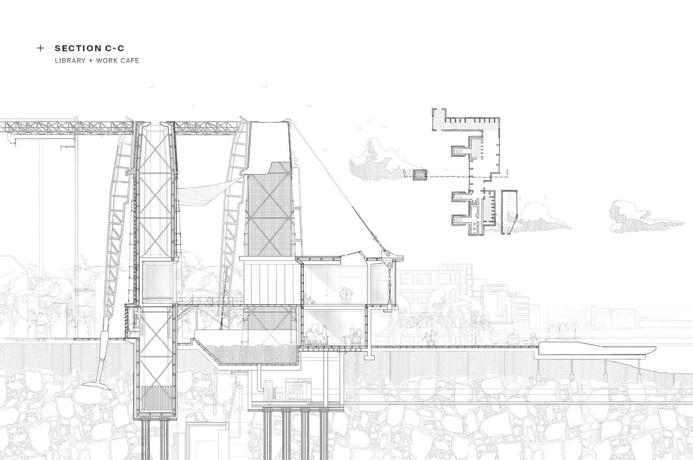 Architectural section drawing labeled “Section C–C: Library + Work Cafe.” The drawing shows a vertical cut through a multi-storey structure, including public library spaces and a work cafe, integrated within a larger infrastructural framework. Features include large cooling towers, a suspended shading element, layered platforms, and visible structural detailing.