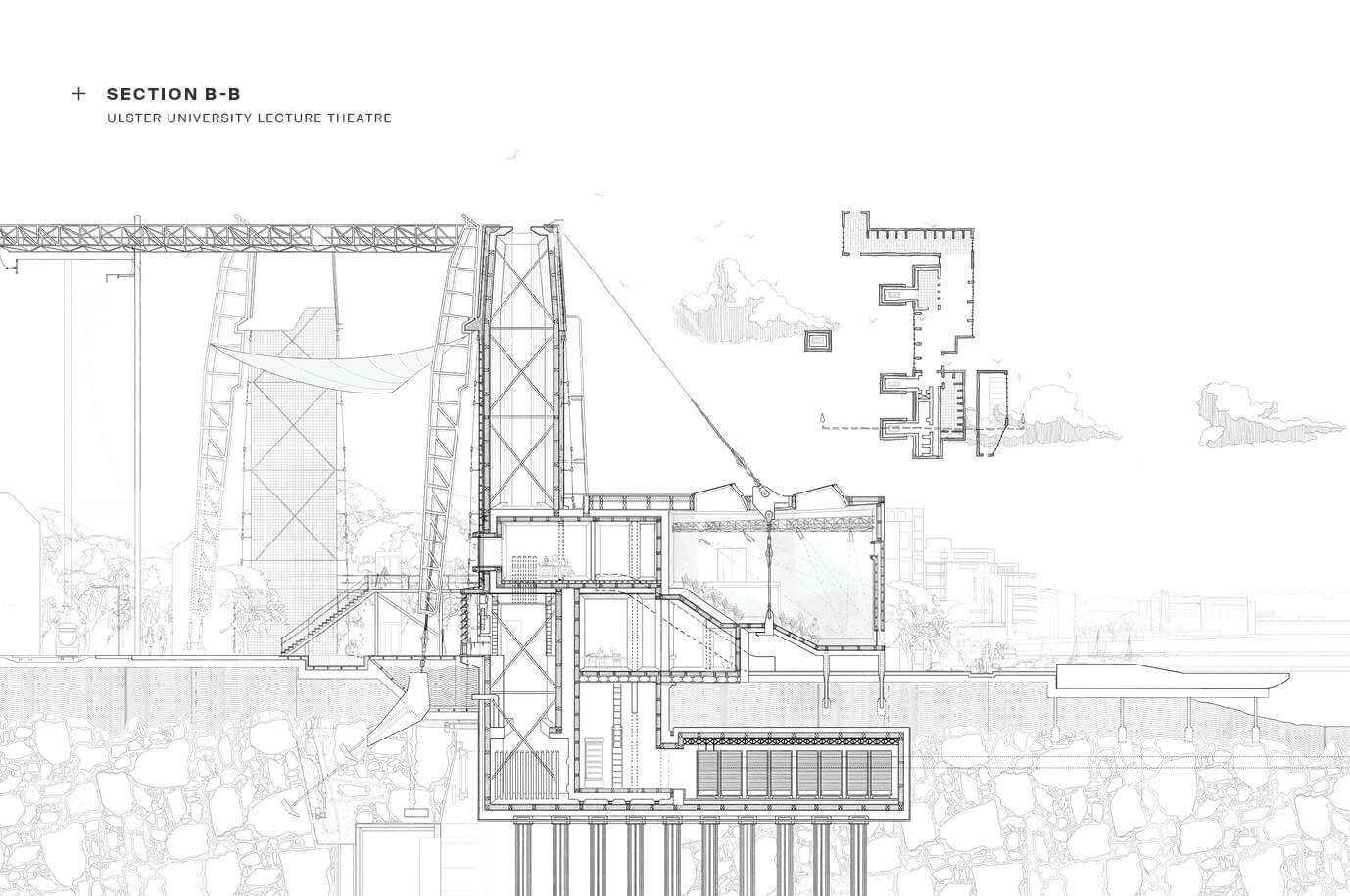 Architectural section drawing labeled “Section B–B: Ulster University Lecture Theatre.” A detailed technical illustration showing a vertical slice through the lecture theatre, revealing internal layouts, structural elements, and spatial relationships. Features include tiered seating, circulation routes, adjacent cooling tower infrastructure, and foundational systems.