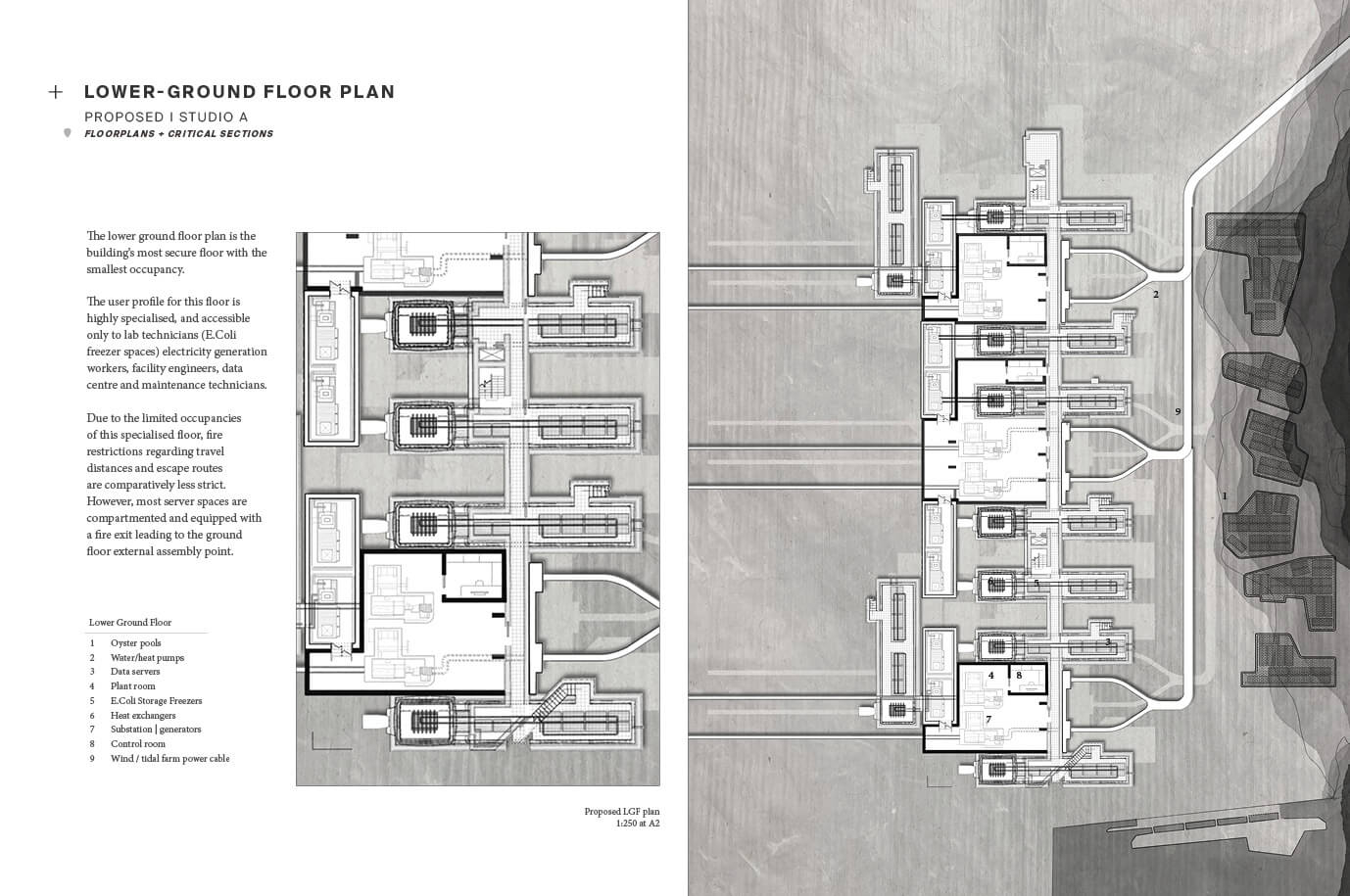Lower-ground floor plan showing secure technical zones including labs, data servers, plant rooms, and energy infrastructure, designed for specialist access and efficient servicing.